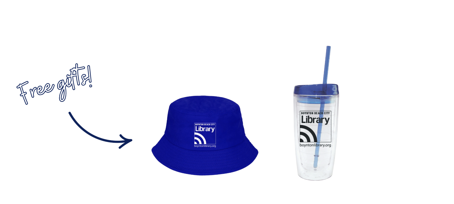 a royal blue bucket hat with library logo and clear tumbler cup with the logo